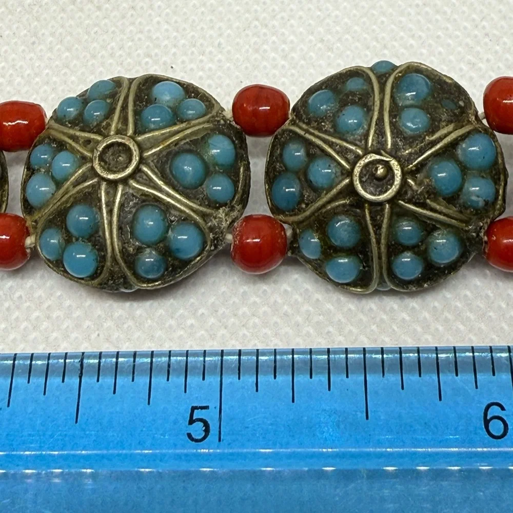 Vtg Nepalese Tibetan Red Coral & Turquoise Handmade Beaded Necklace Reversible - Picture 9 of 10